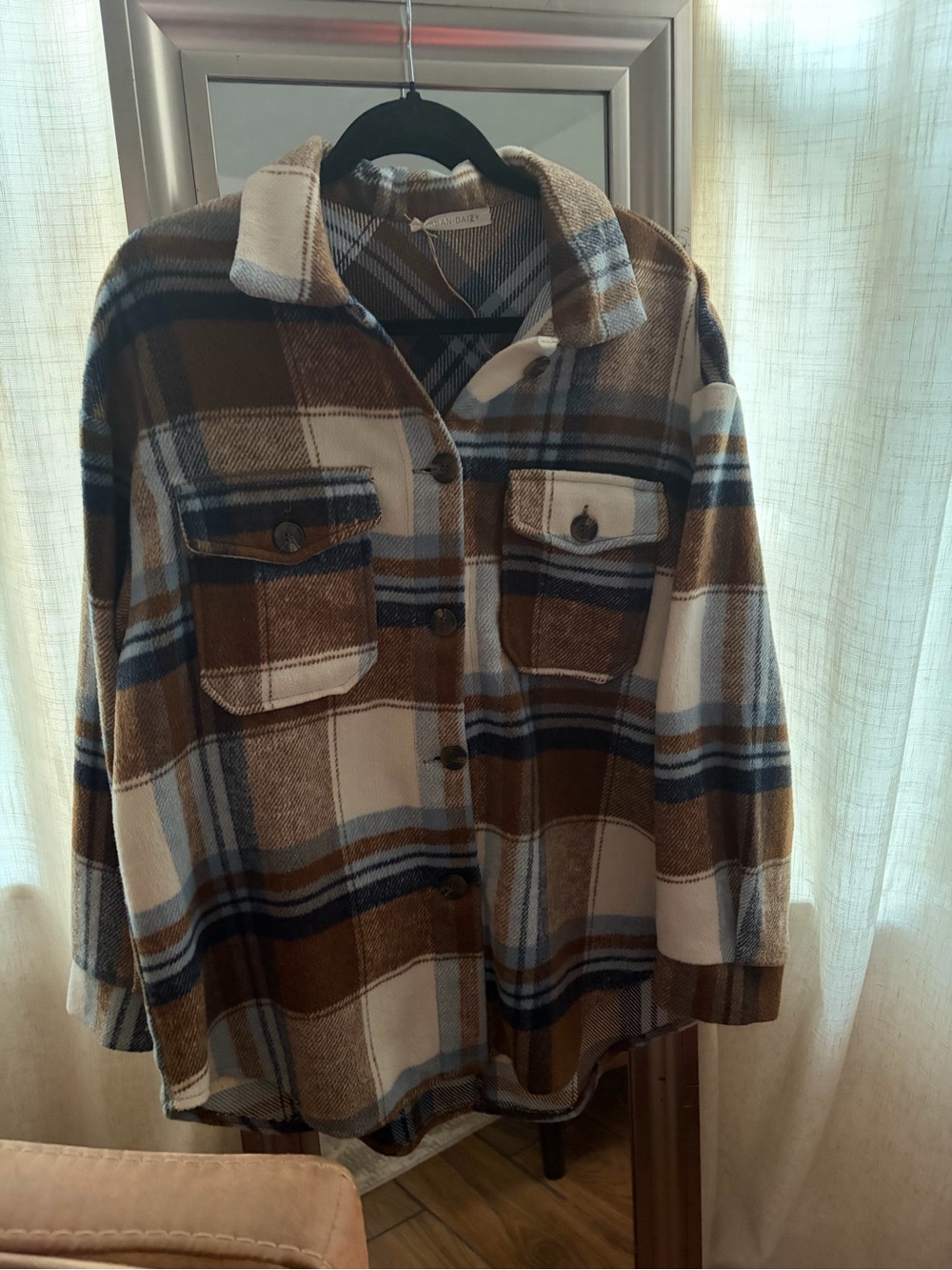 Urban Daizy Plaid Shacket Brown Blue Cream Button Front Size M